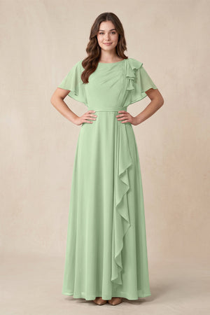 Short Sleeves Bateau A - Line Chiffon Bridesmaid Dress in Sage - SHE IS ME Bridesmaid Dresses
