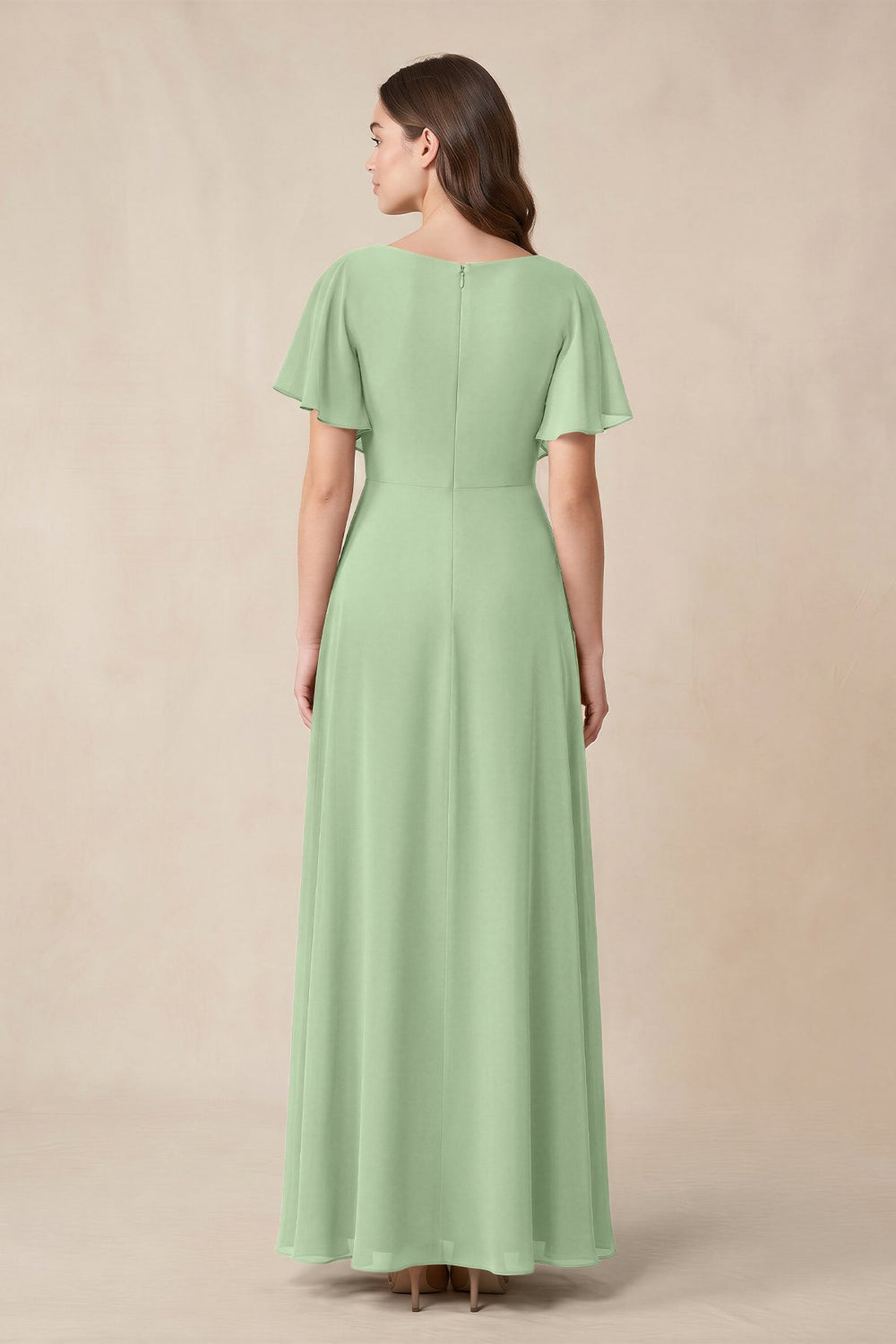 Short Sleeves Bateau A - Line Chiffon Bridesmaid Dress in Sage - KISS BRIDAL Bridesmaid Dresses