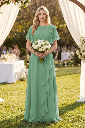 Short Sleeves Bateau A - Line Chiffon Bridesmaid Dress in Sea Glass - SHE IS ME Bridesmaid Dresses