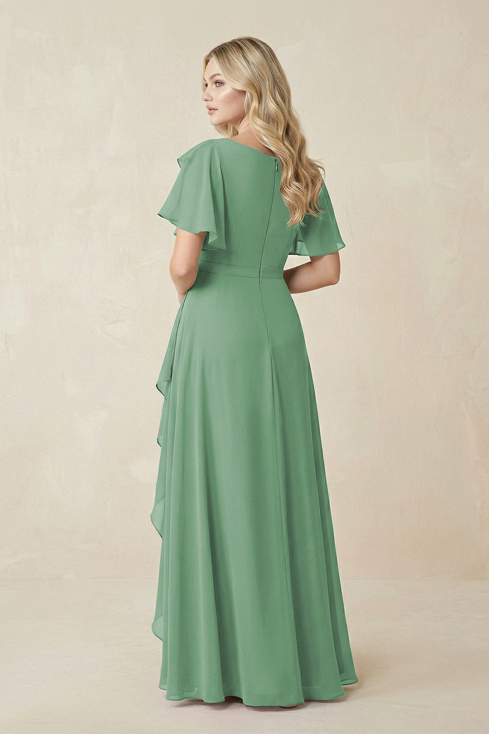 Short Sleeves Bateau A - Line Chiffon Bridesmaid Dress in Sea Glass - SHE IS ME Bridesmaid Dresses