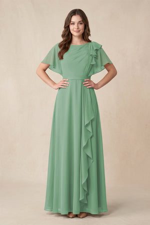 Short Sleeves Bateau A - Line Chiffon Bridesmaid Dress in Sea Glass - KISS BRIDAL Bridesmaid Dresses