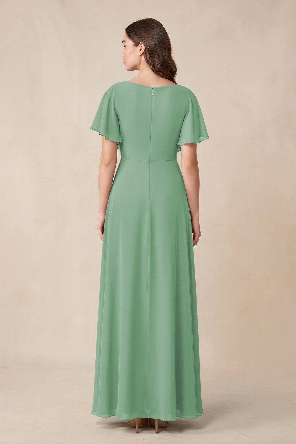 Short Sleeves Bateau A - Line Chiffon Bridesmaid Dress in Sea Glass - KISS BRIDAL Bridesmaid Dresses