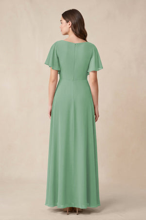 Short Sleeves Bateau A - Line Chiffon Bridesmaid Dress in Sea Glass - KISS BRIDAL Bridesmaid Dresses