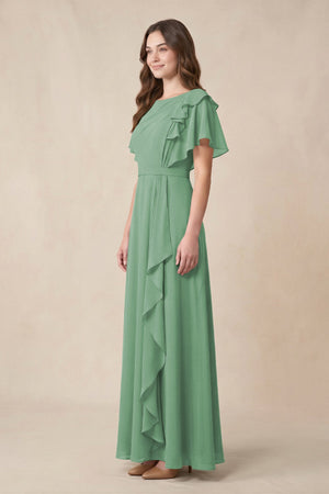 Short Sleeves Bateau A - Line Chiffon Bridesmaid Dress in Sea Glass - KISS BRIDAL Bridesmaid Dresses