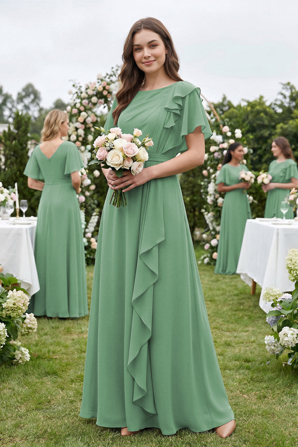 Short Sleeves Bateau A - Line Chiffon Bridesmaid Dress in Sea Glass - KISS BRIDAL Bridesmaid Dresses