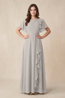 Short Sleeves Bateau A - Line Chiffon Bridesmaid Dress in Silver - SHE IS ME Bridesmaid Dresses