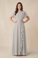 Short Sleeves Bateau A - Line Chiffon Bridesmaid Dress in Silver - KISS BRIDAL Bridesmaid Dresses