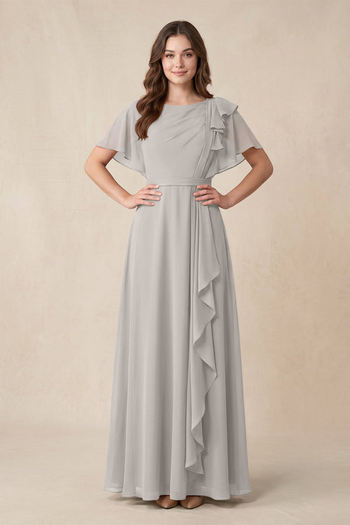 Short Sleeves Bateau A - Line Chiffon Bridesmaid Dress in Silver - SHE IS ME Bridesmaid Dresses