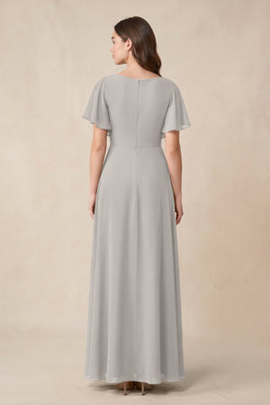 Short Sleeves Bateau A - Line Chiffon Bridesmaid Dress in Silver - SHE IS ME Bridesmaid Dresses