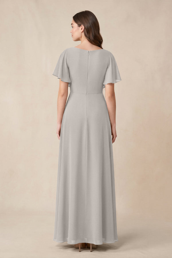 Short Sleeves Bateau A - Line Chiffon Bridesmaid Dress in Silver - SHE IS ME Bridesmaid Dresses