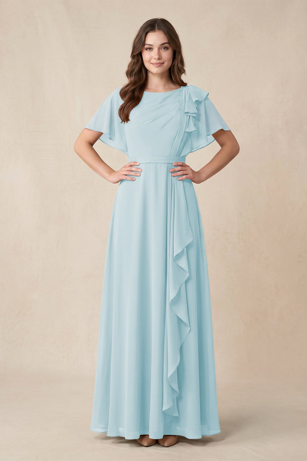 Short Sleeves Bateau A - Line Chiffon Bridesmaid Dress in Sky Blue - KISS BRIDAL Bridesmaid Dresses