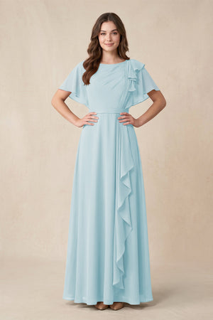 Short Sleeves Bateau A - Line Chiffon Bridesmaid Dress in Sky Blue - SHE IS ME Bridesmaid Dresses