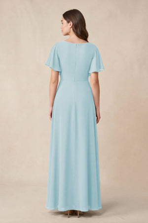 Short Sleeves Bateau A - Line Chiffon Bridesmaid Dress in Sky Blue - SHE IS ME Bridesmaid Dresses