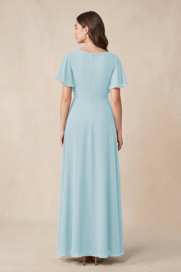 Short Sleeves Bateau A - Line Chiffon Bridesmaid Dress in Sky Blue - SHE IS ME Bridesmaid Dresses