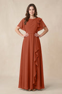 Short Sleeves Bateau A - Line Chiffon Bridesmaid Dress in Spice - SHE IS ME Bridesmaid Dresses