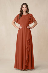 Short Sleeves Bateau A - Line Chiffon Bridesmaid Dress in Spice - KISS BRIDAL Bridesmaid Dresses