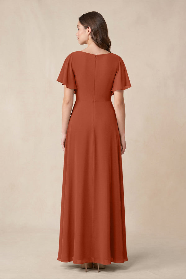 Short Sleeves Bateau A - Line Chiffon Bridesmaid Dress in Spice - SHE IS ME Bridesmaid Dresses