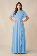 Short Sleeves Bateau A - Line Chiffon Bridesmaid Dress in Steel Blue - SHE IS ME Bridesmaid Dresses