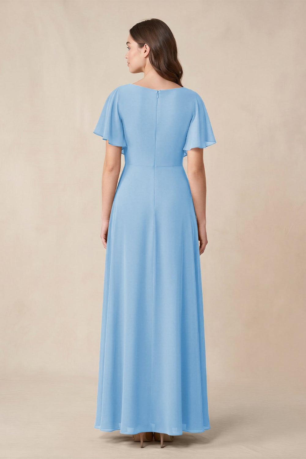 Short Sleeves Bateau A - Line Chiffon Bridesmaid Dress in Steel Blue - KISS BRIDAL Bridesmaid Dresses