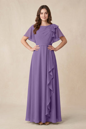 Short Sleeves Bateau A - Line Chiffon Bridesmaid Dress in Tahiti - SHE IS ME Bridesmaid Dresses