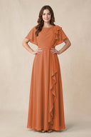 Short Sleeves Bateau A - Line Chiffon Bridesmaid Dress in Terracotta - SHE IS ME Bridesmaid Dresses
