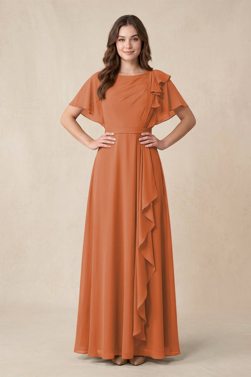 Short Sleeves Bateau A - Line Chiffon Bridesmaid Dress in Terracotta - SHE IS ME Bridesmaid Dresses