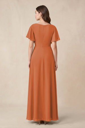 Short Sleeves Bateau A - Line Chiffon Bridesmaid Dress in Terracotta - SHE IS ME Bridesmaid Dresses