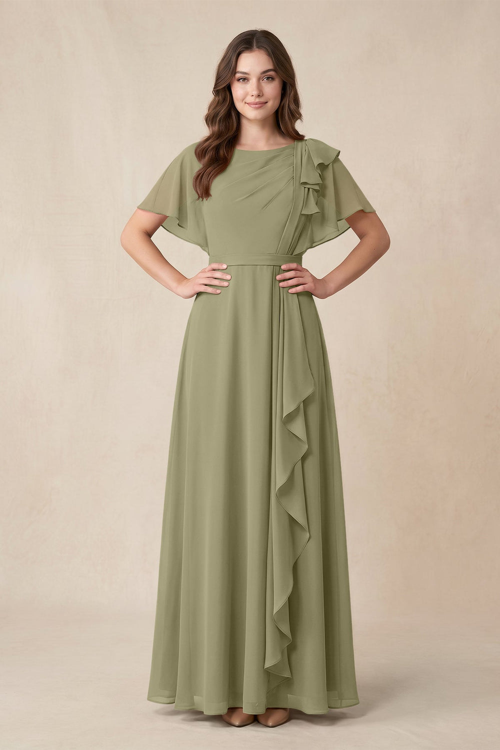 Short Sleeves Bateau A - Line Chiffon Bridesmaid Dress in Thyme - KISS BRIDAL Bridesmaid Dresses