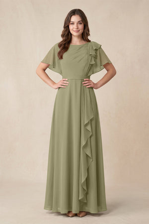 Short Sleeves Bateau A - Line Chiffon Bridesmaid Dress in Thyme - SHE IS ME Bridesmaid Dresses