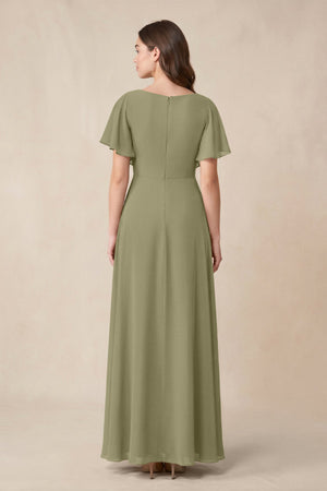 Short Sleeves Bateau A - Line Chiffon Bridesmaid Dress in Thyme - SHE IS ME Bridesmaid Dresses