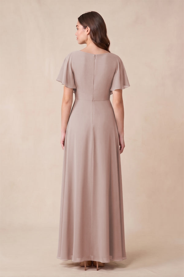 Short Sleeves Bateau A-Line Chiffon Bridesmaid Dress in Toffee (2) | KISSBRIDAL