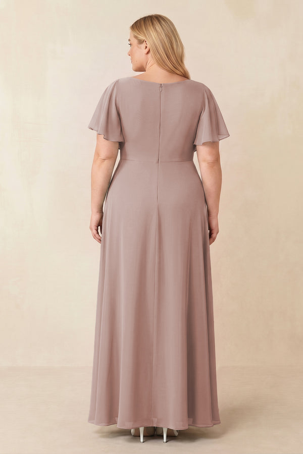 Short Sleeves Bateau A-Line Chiffon Bridesmaid Dress in Toffee (2) [sizeplus] | KISSBRIDAL