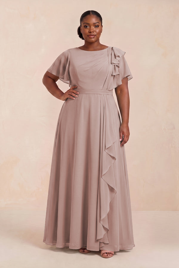 Short Sleeves Bateau A-Line Chiffon Bridesmaid Dress in Toffee (3) [sizeplus] | KISSBRIDAL
