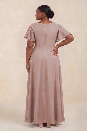 Short Sleeves Bateau A-Line Chiffon Bridesmaid Dress in Toffee (4) [sizeplus] | KISSBRIDAL