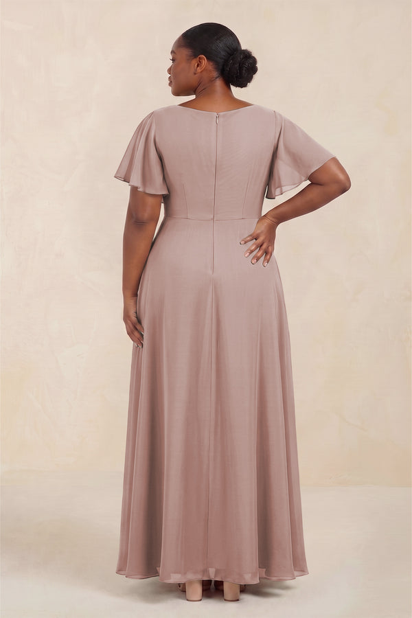 Short Sleeves Bateau A-Line Chiffon Bridesmaid Dress in Toffee (4) [sizeplus] | KISSBRIDAL