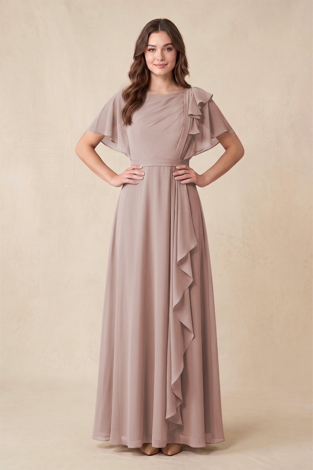 Short Sleeves Bateau A-Line Chiffon Bridesmaid Dress in Toffee