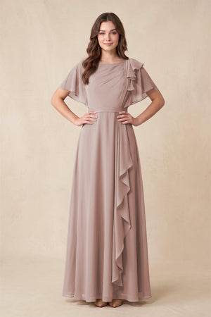 Short Sleeves Bateau A-Line Chiffon Bridesmaid Dress in Toffee | KISSBRIDAL