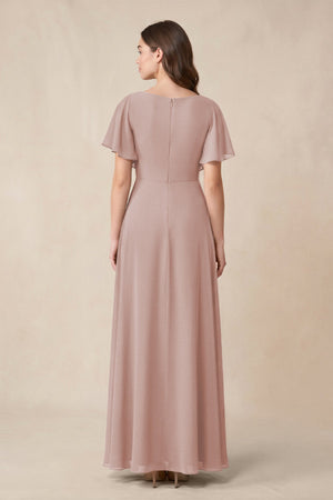 Short Sleeves Bateau A - Line Chiffon Bridesmaid Dress in Toffee - SHE IS ME Bridesmaid Dresses