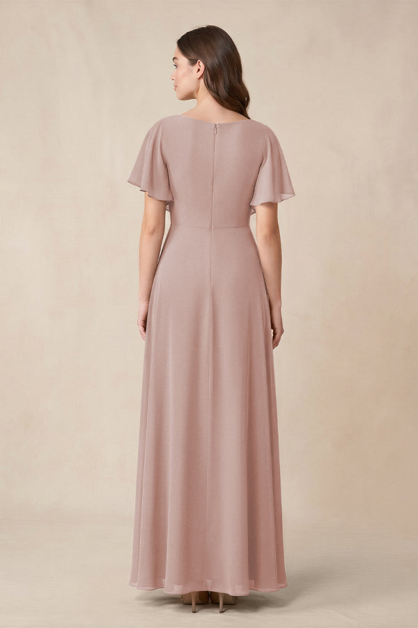 Short Sleeves Bateau A - Line Chiffon Bridesmaid Dress in Toffee - SHE IS ME Bridesmaid Dresses