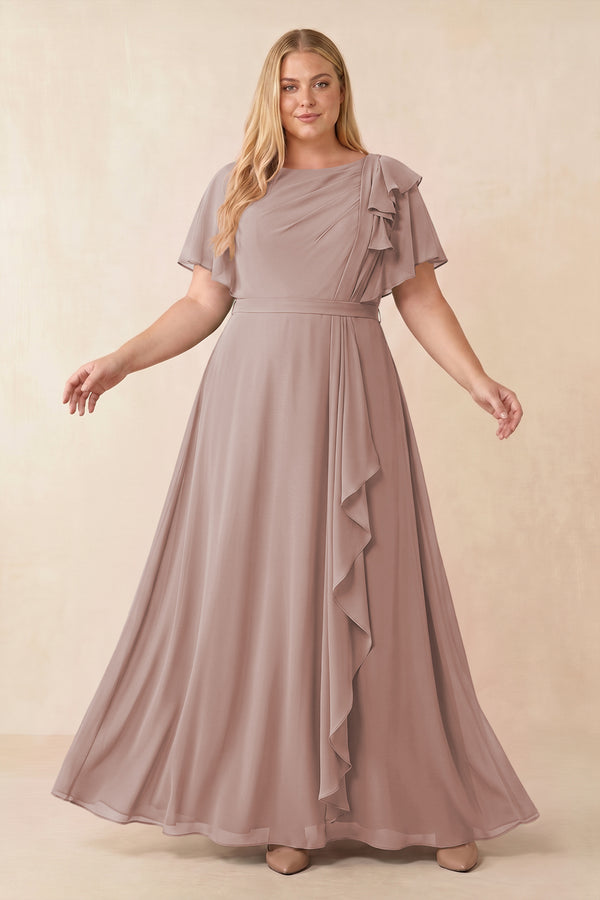 Short Sleeves Bateau A-Line Chiffon Bridesmaid Dress in Toffee [sizeplus] | KISSBRIDAL