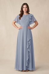 Short Sleeves Bateau A - Line Chiffon Bridesmaid Dress in Twilight - KISS BRIDAL Bridesmaid Dresses