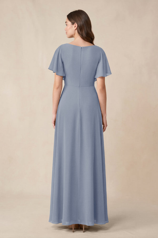 Short Sleeves Bateau A - Line Chiffon Bridesmaid Dress in Twilight - SHE IS ME Bridesmaid Dresses
