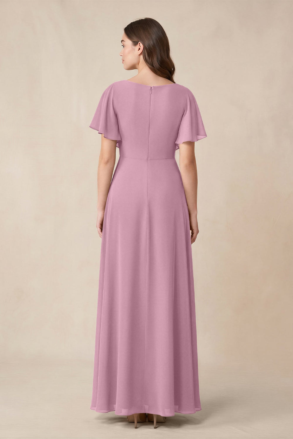 Short Sleeves Bateau A - Line Chiffon Bridesmaid Dress in Vintage Mauve - KISS BRIDAL Bridesmaid Dresses