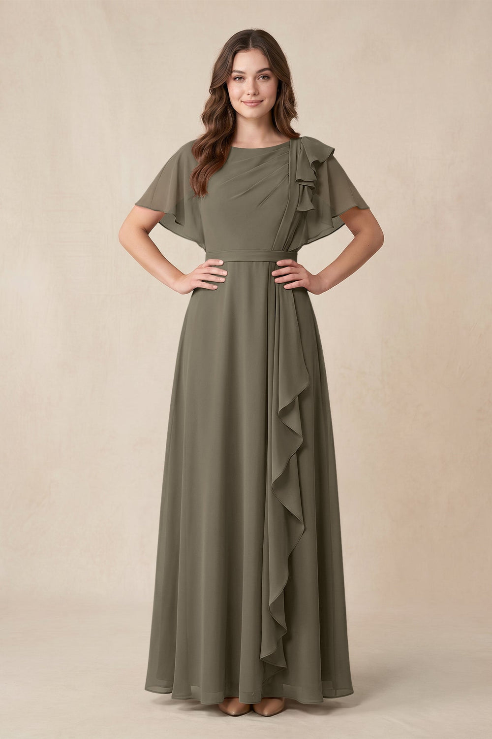 Short Sleeves Bateau A - Line Chiffon Bridesmaid Dress in Willow Green - KISS BRIDAL Bridesmaid Dresses