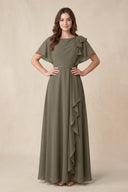 Short Sleeves Bateau A - Line Chiffon Bridesmaid Dress in Willow Green - SHE IS ME Bridesmaid Dresses
