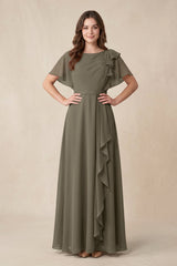 Short Sleeves Bateau A - Line Chiffon Bridesmaid Dress in Willow Green - KISS BRIDAL Bridesmaid Dresses