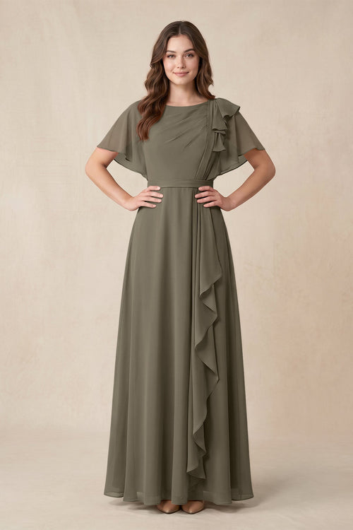 Short Sleeves Bateau A - Line Chiffon Bridesmaid Dress in Willow Green - SHE IS ME Bridesmaid Dresses