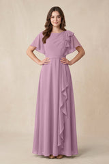 Short Sleeves Bateau A - Line Chiffon Bridesmaid Dress in Wisteria - KISS BRIDAL Bridesmaid Dresses