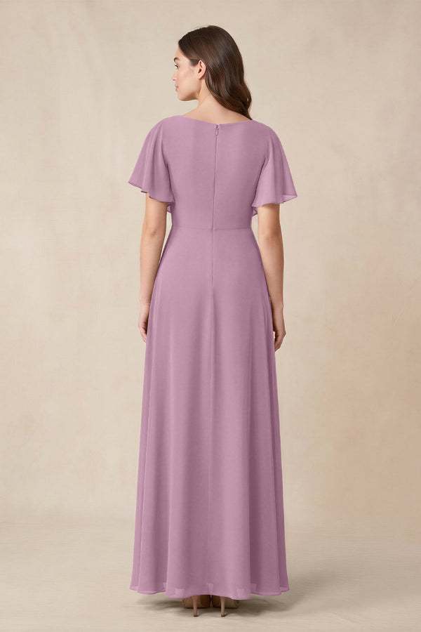 Short Sleeves Bateau A - Line Chiffon Bridesmaid Dress in Wisteria - SHE IS ME Bridesmaid Dresses