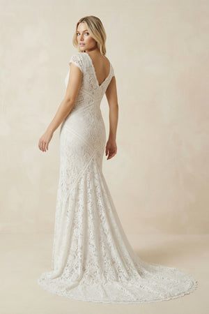 Short Sleeves Sheath V Neck Lace Wedding Dress in White and Nude - SHE IS ME Wedding Dresses
